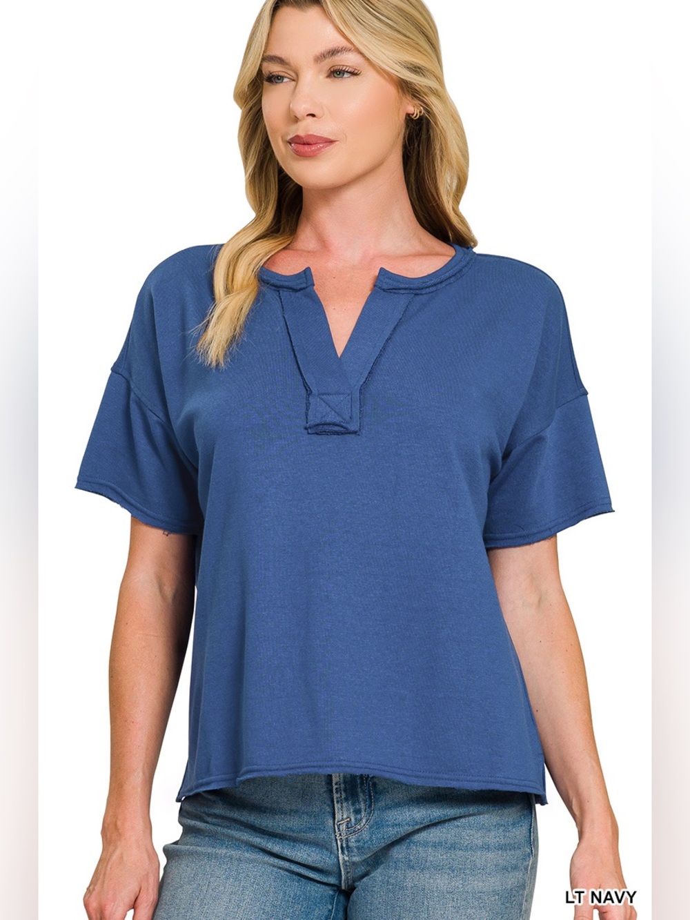 Zenana Lt Navy French Terry Split Neck Exposed Seam Top